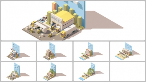 图片素材 等距建筑城市带天空场景包立体