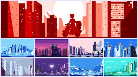 图片素材 扁平城市建筑摩天大楼平面卡通图形插画MG二维矢量素材背景场景包