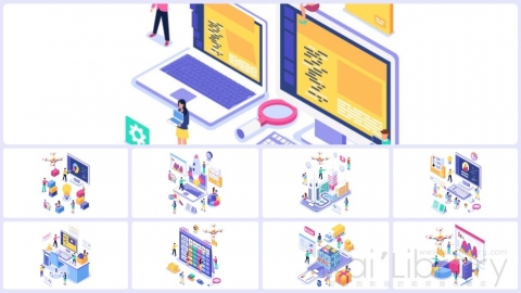 图片素材-等距互联网办公立体平面卡通图形插画MG动画二维矢量场景包元素