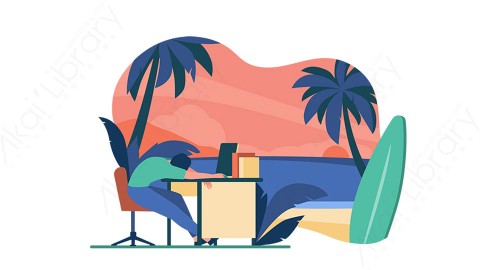 图片素材 扁平海边办公桌插画办公场景-1