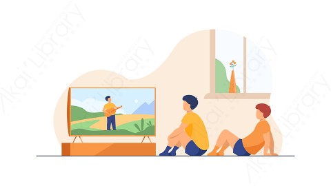 图片素材 扁平看电视儿童插画居家生活场景-30