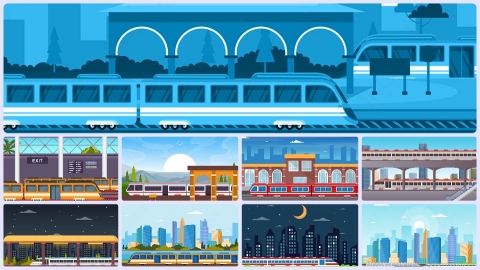 图片素材 扁平火车高铁路建筑城市平面卡通图形设计插画MG二维矢量素材背景场景包