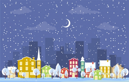 图片素材 扁平下雪中的城市建筑场景-1