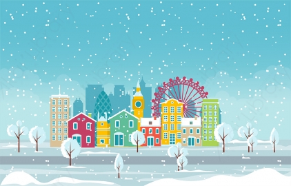 图片素材 扁平下雪中的城市建筑场景-2