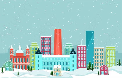 图片素材 扁平下雪中的城市建筑场景-5
