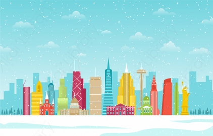 图片素材 扁平下雪中的城市建筑场景-8