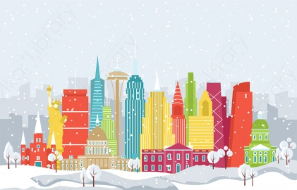 图片素材 扁平下雪中的城市建筑场景-9