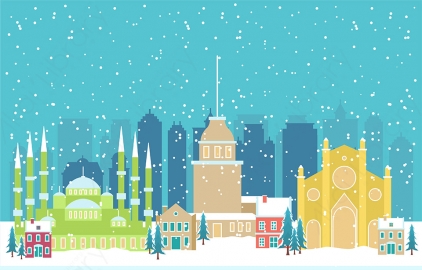 图片素材 扁平下雪中的城市建筑场景-11