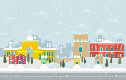 图片素材 扁平下雪中的城市建筑场景-12