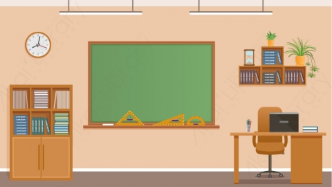 图片素材 扁平有黑板时钟的书桌的学校教室场景