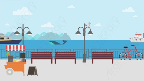AE模板 13-seafront-1海滨海边MG扁平卡通街边马路公园街道场景背景