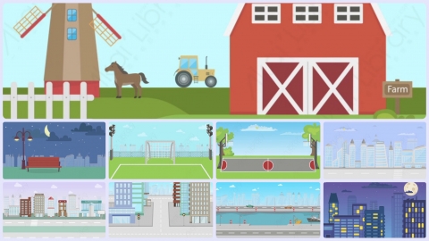 图片素材 扁平街道公园马路公园平面卡通图形插画MG二维矢量素材背景场景包