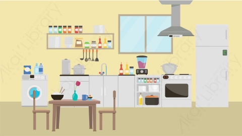 AE模板 03-kitchen-1厨房MG扁平卡通居家客厅厨房场景背景
