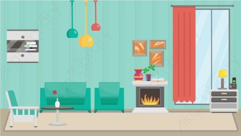 AE模板 06-living-room-3客厅MG扁平卡通居家客厅厨房场景背景
