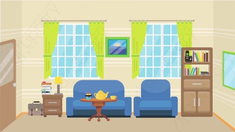 AE模板 07-living-room-4客厅MG扁平卡通居家客厅厨房场景背景