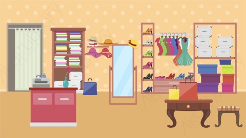 AE模板 13-clothes-shop-1服装店商店MG扁平卡通商店商场场景背景