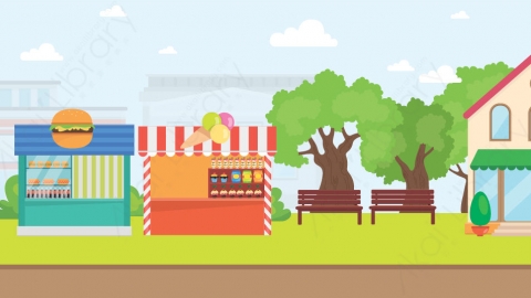 图片素材 06-food-stall-1公园食品摊位MG扁平卡通街边马路公园街道场景背景-附AE动态版