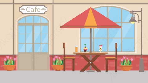 图片素材 07-cafe-1咖啡店MG扁平卡通街边马路公园街道场景背景-附AE动态版