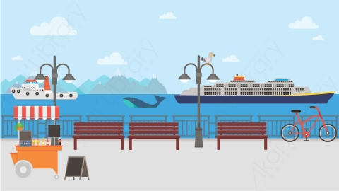 图片素材 13-seafront-1海滨海边MG扁平卡通街边马路公园街道场景背景-附AE动态版