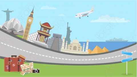 图片素材 07-travel-2旅行旅游马路街边公路MG扁平卡通旅行旅游场景背景-附AE动态版