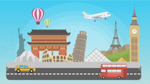 图片素材 08-travel-3旅行旅游马路街边公路MG扁平卡通旅行旅游场景背景-附AE动态版