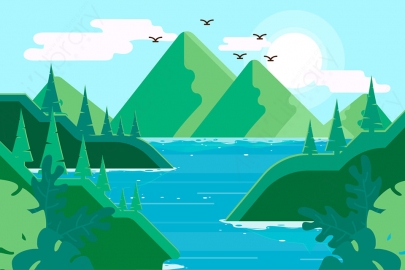 图片素材-扁平河流湖泊自然风景场景-9