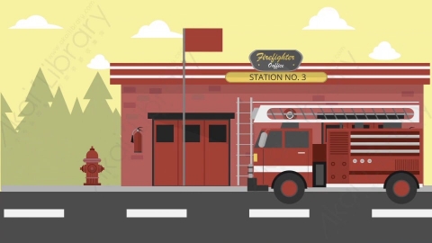 AE模板-Firefighter Office火警消防员消防车室外MG扁平卡通动画背景场景