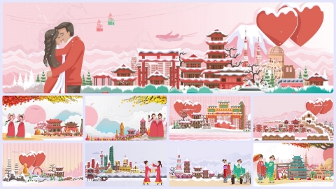 图片素材-中国日本韩国亚洲东方建筑亭台楼阁平面卡通插画MG二维矢量场景包