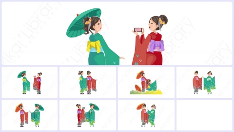 图片素材-扁平穿和服日本女孩人物角色包平面卡通图形插画MG二维矢量素材包
