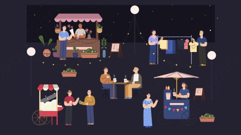图片素材-扁平夜市路边摊美食街场景-12