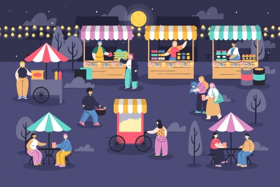 图片素材-扁平夜市路边摊美食街场景-14