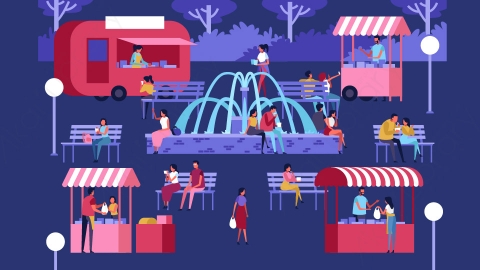 图片素材-扁平夜市路边摊美食街场景-8