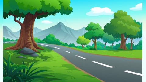 图片素材-扁平森林道路和山