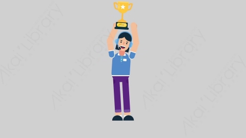 AE模板-WOMAN SUPPORT SERVICE 75 Trophy女性接线员电话服务举起奖杯扁平人物职业角色