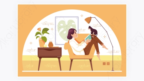 图片素材-可爱休闲卡通女孩看书插画概念