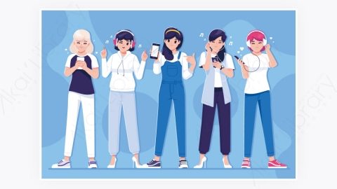 图片素材-时尚开心卡通女孩听音乐