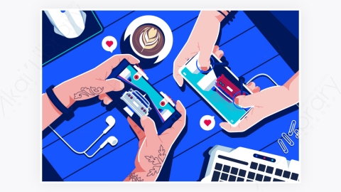 图片素材-双人玩手机游戏顶视图