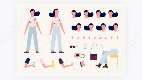 图片素材-MG扁平插画卡通黑发女孩角色人物6