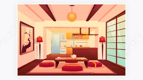 图片素材-中式日式厨房卡通背景插图
