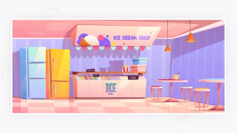 图片素材-冰淇淋店内部配有冰箱和桌子