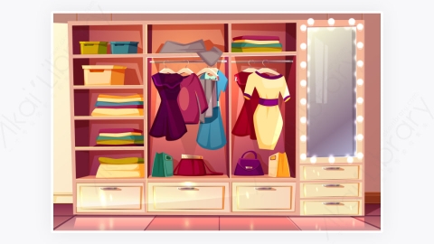图片素材-卡通女更衣室有衣服的衣柜衣帽间背景-1