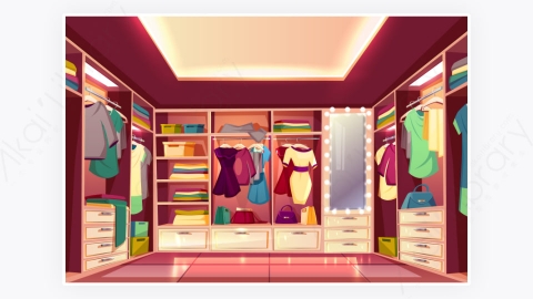 图片素材-卡通女更衣室有衣服的衣柜衣帽间背景-2