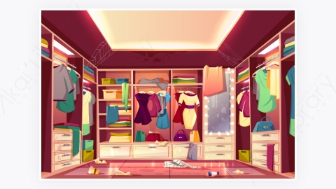 图片素材-卡通女更衣室有衣服的衣柜衣帽间背景-3