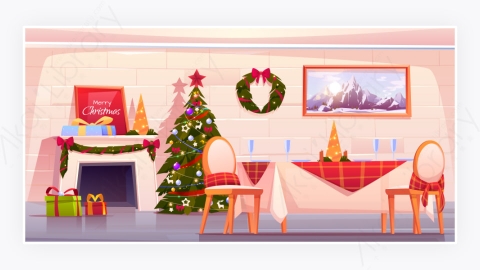 图片素材-卡通家庭圣诞快乐晚餐庆祝节日场景