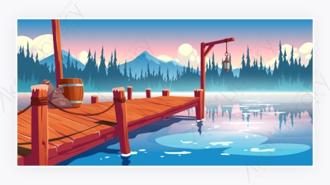 图片素材-在河湖泊或海洋景观码头上的木墩-2