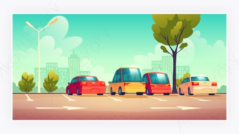 图片素材-城市路边停车与道路标记上的汽车