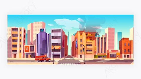 图片素材-消防车街上找燃烧的建筑物