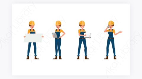 图片素材-扁平卡通人物角色女性建筑工人表情动作-4