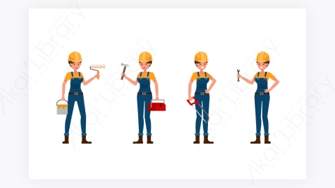 图片素材-扁平卡通人物角色女性建筑工人表情动作-5