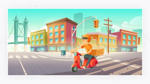 图片素材-电动车上的送货人在城市的街道上开车